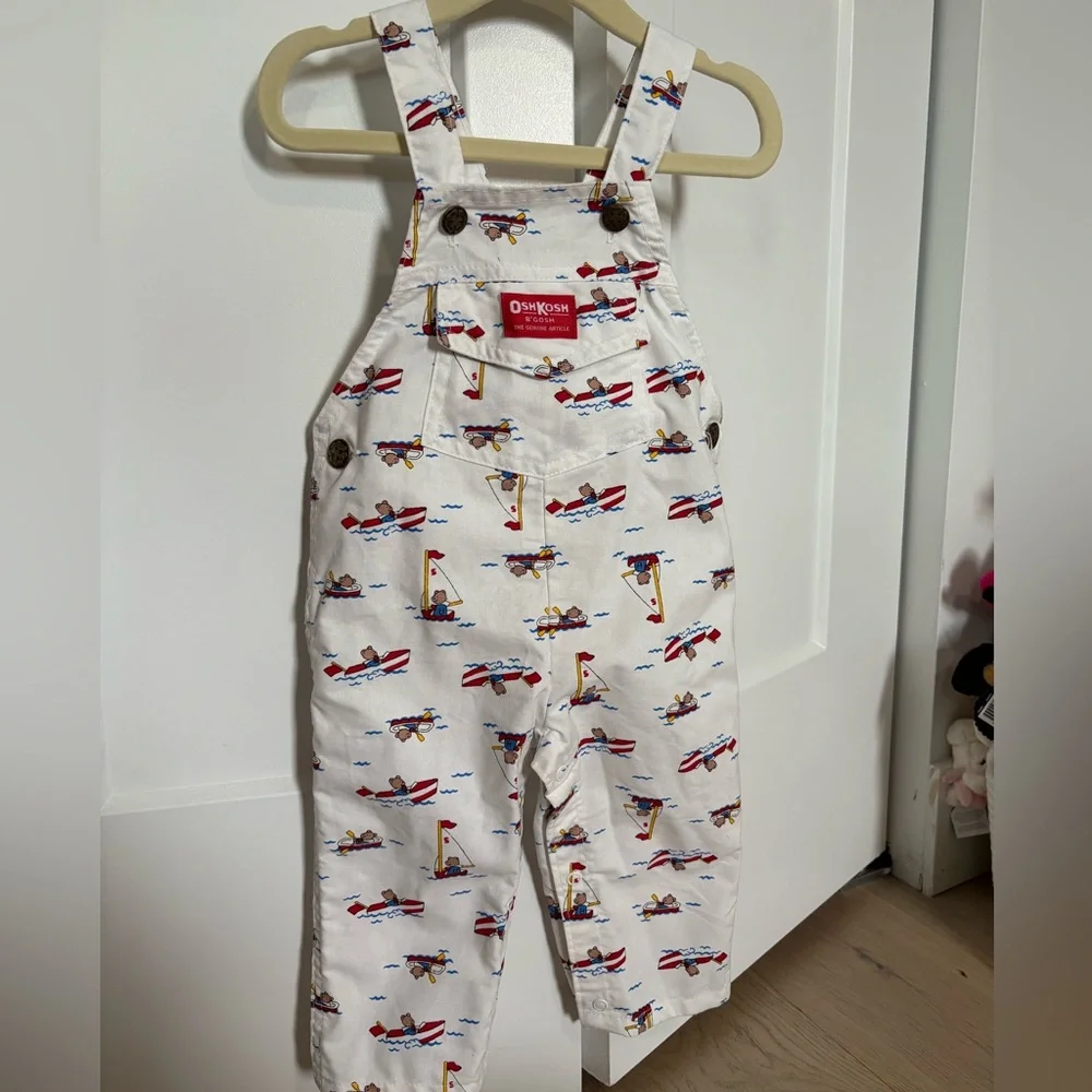 OshKosh B'gosh White Overalls with Red and Blue Boat Print